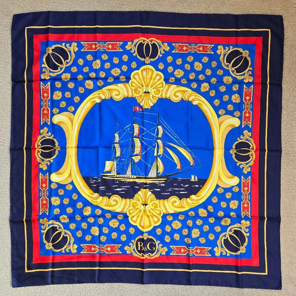 Nautical Silk Scarf Square Ocean Ship Scarf Andre Claude Canova Hand-Rolled